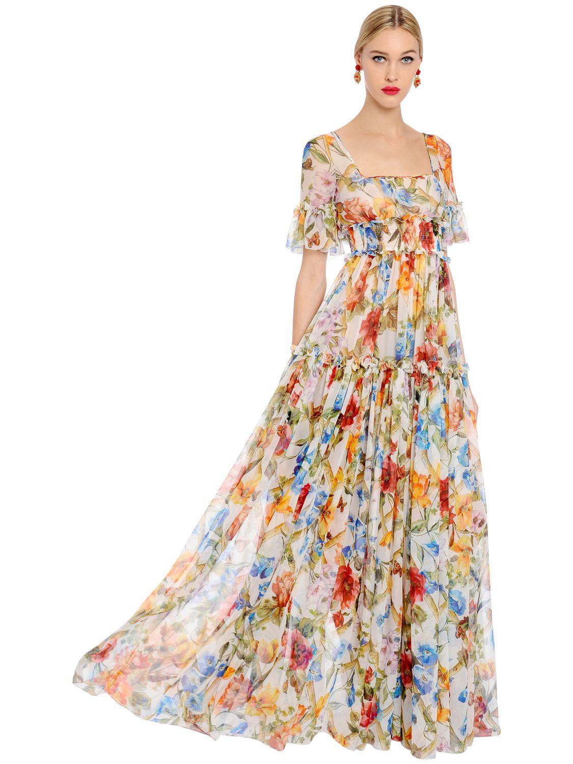Dolce Gabbana Bamboo Floral Printed Silk Chiffon Dress Lyst Canada