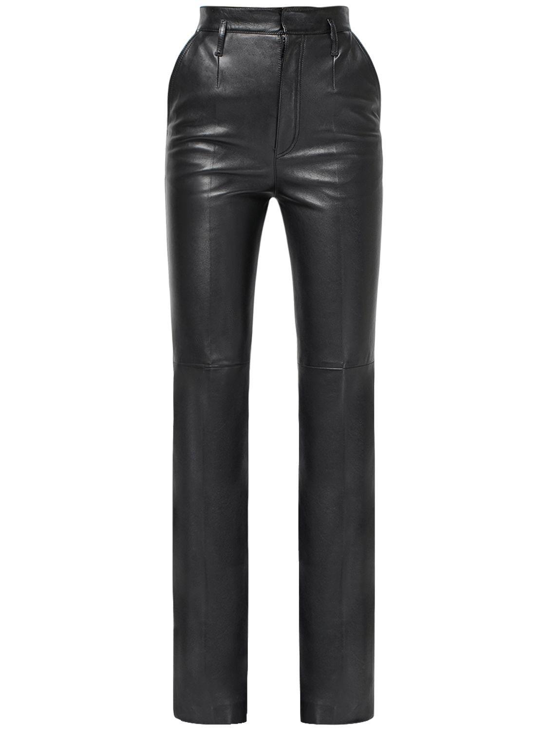 Saint Laurent High Waist Leather Pants in Gray | Lyst