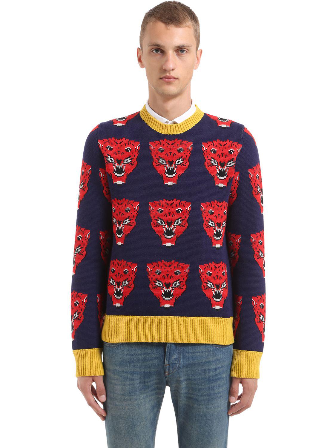 Gucci Tigers Wool Jacquard Knit Sweater in Blue / Red / Yellow (Blue
