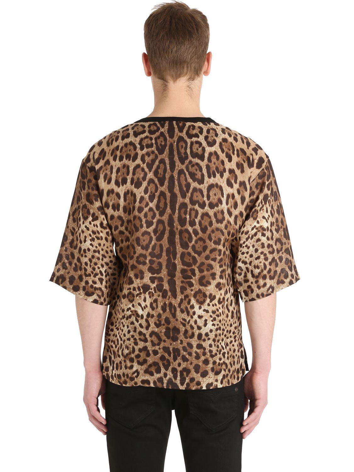 Dolce & Gabbana Leopard Printed Linen T-shirt in Brown for Men - Lyst