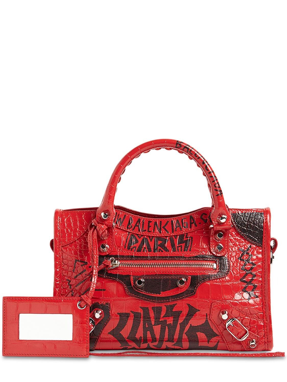 Balenciaga Mini City Graffiti Print Croco Leather Bag in Red