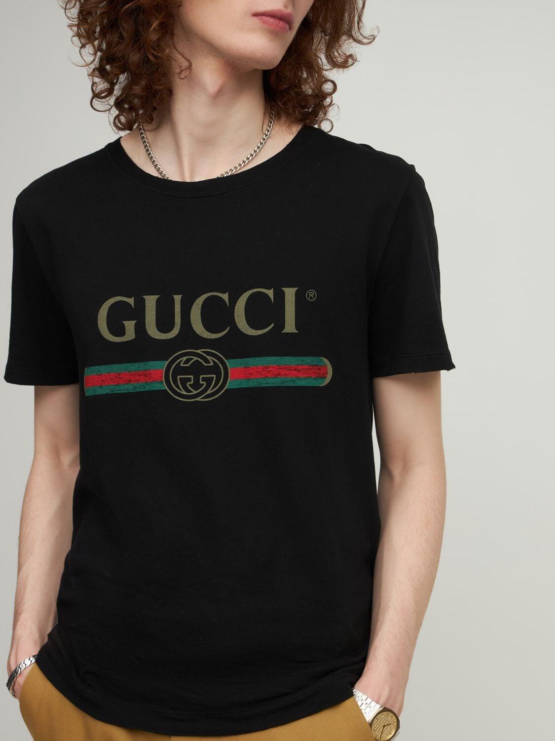 Gucci Cotton Distressed Fake Logo T Shirt in Black for Men - Save 41% | Lyst