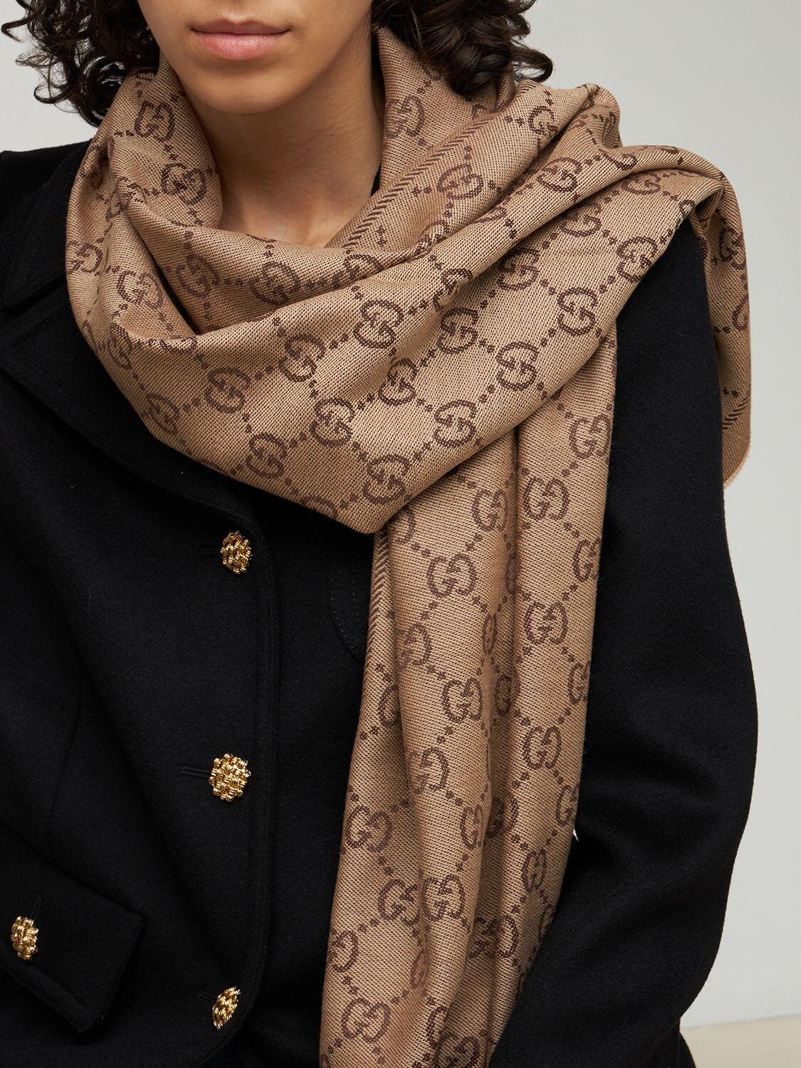 Gucci Gg Wool Jacquard Scarf in Brown | Lyst