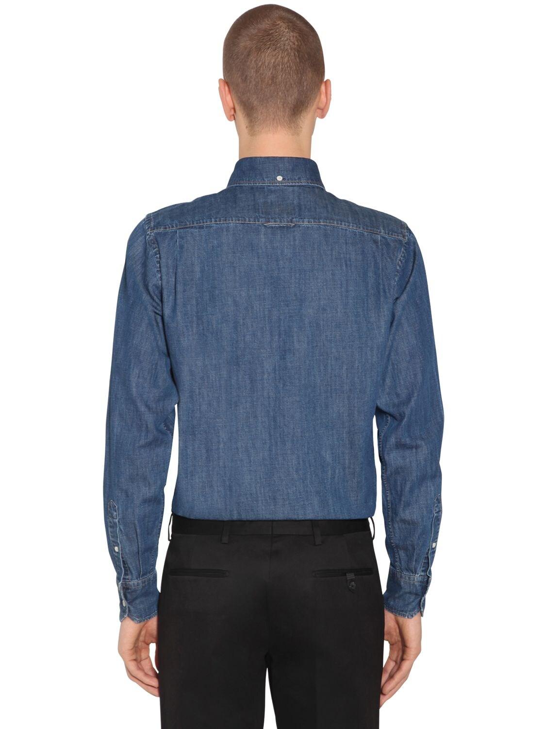 Prada Cotton Denim Button Down Shirt in Blue for Men - Lyst