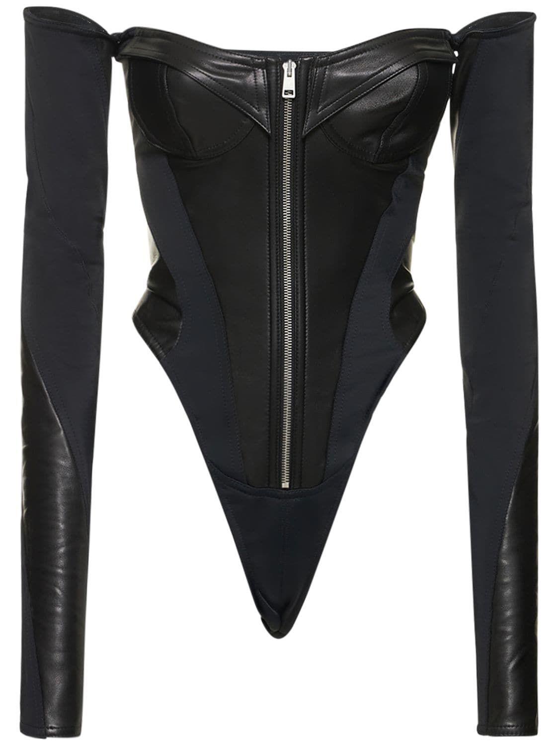 Mugler Off-the-shoulder Leather Corset Bodysuit in Black | Lyst