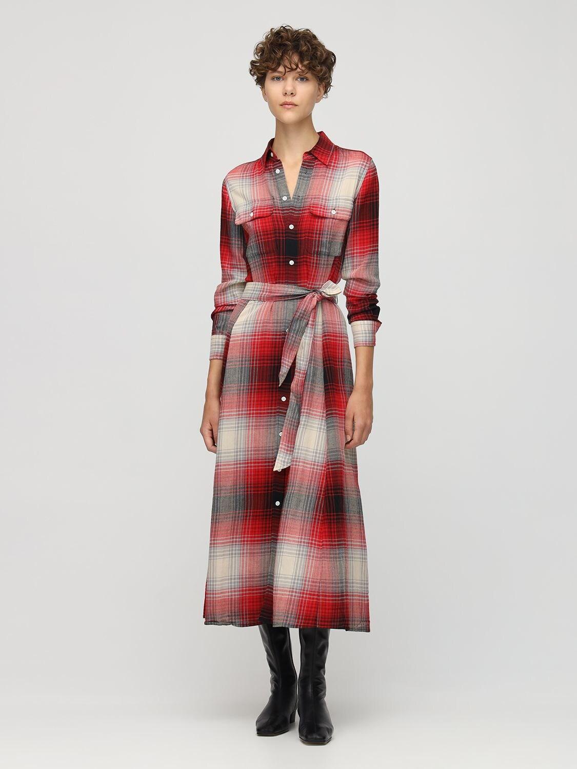 Polo Ralph Lauren Check Cotton Blend Long Dress in Red - Lyst