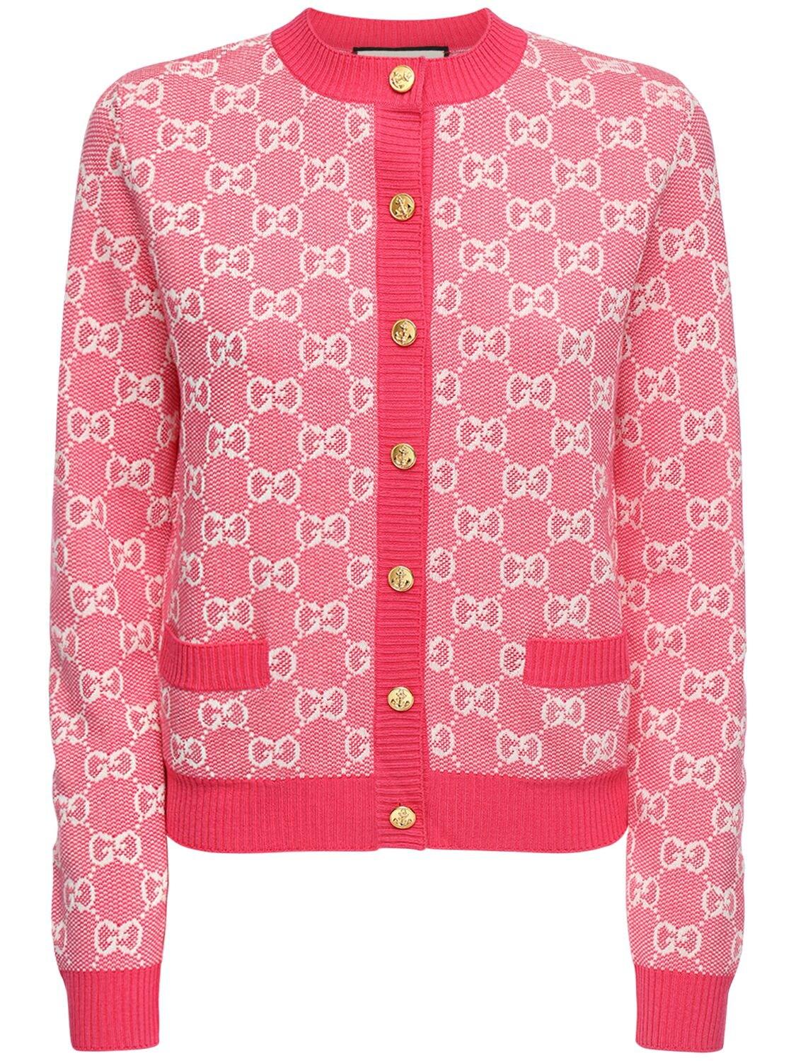 Gucci Gg Jacquard Knit Wool & Cotton Cardigan in Fuchsia (Pink) Lyst