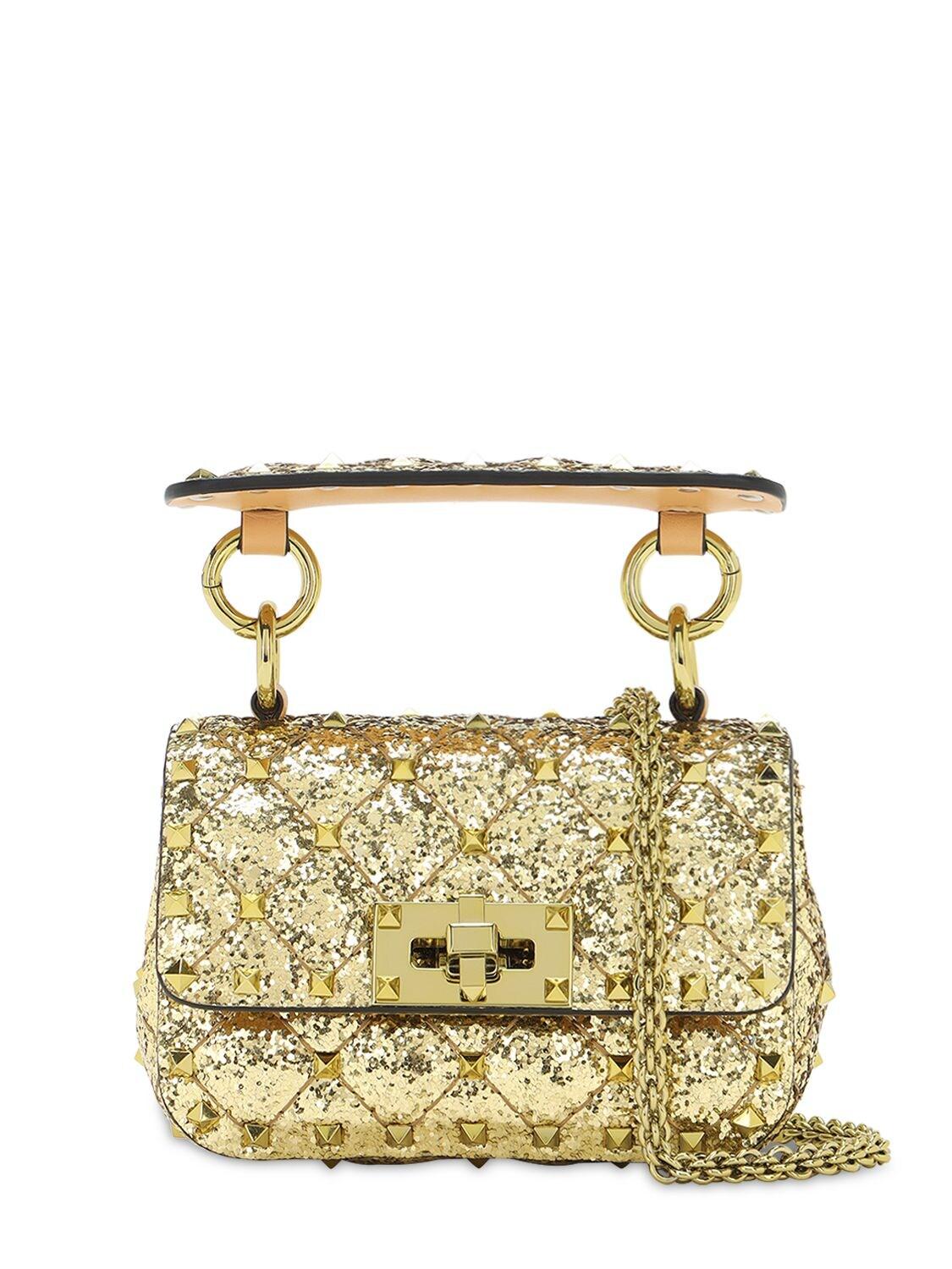 Valentino Garavani Micro Rockstud Spike Glitter Leather Bag in Gold ...