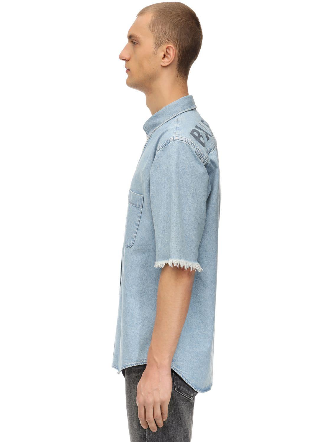 Balenciaga Printed Cotton Denim Shirt in Blue for Men | Lyst