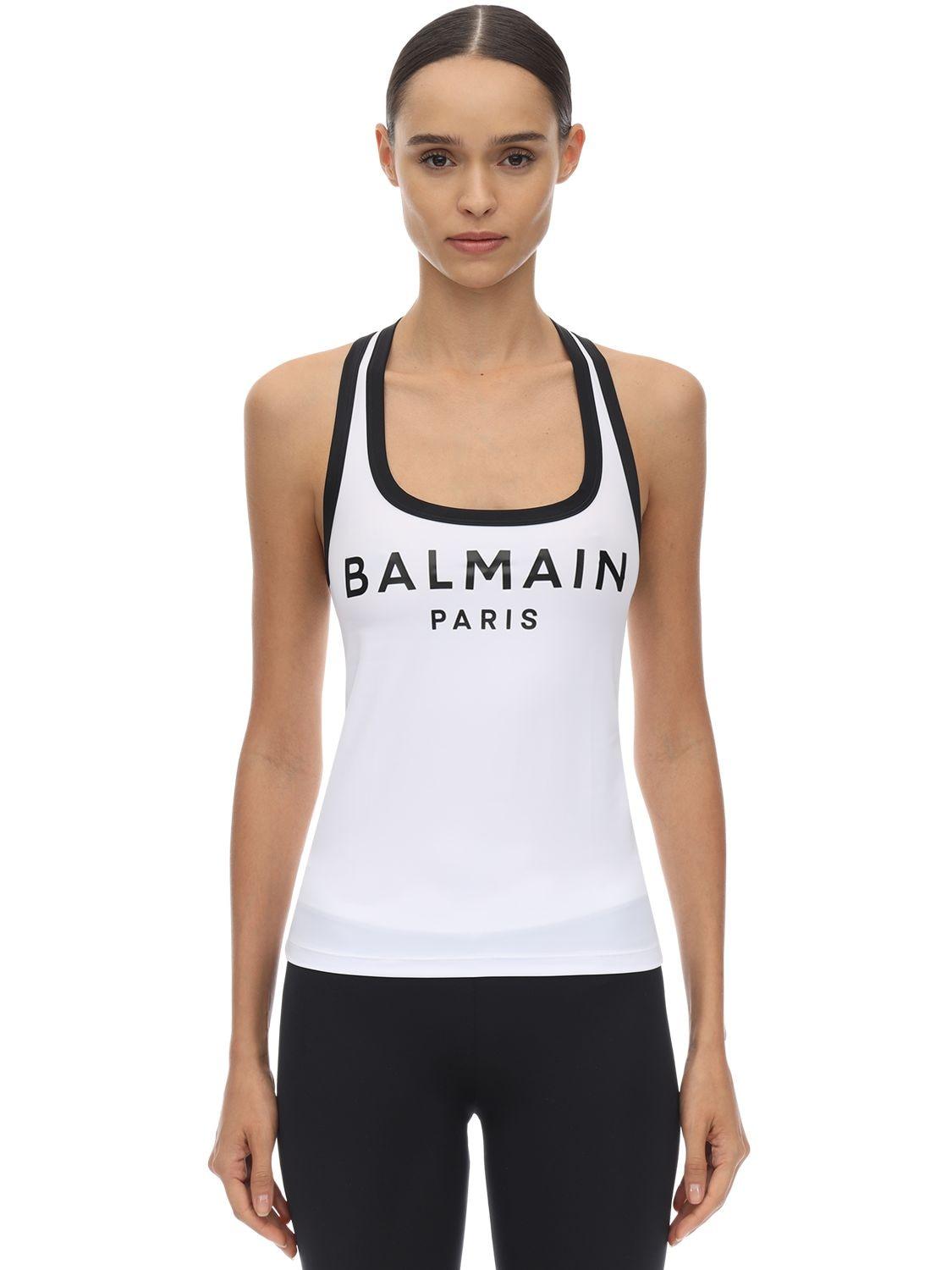 Balmain Logo Print Lycra Tank Top in White | Lyst