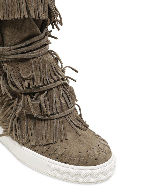 Casadei 80mm Fringed Suede Wedge Boots Lyst