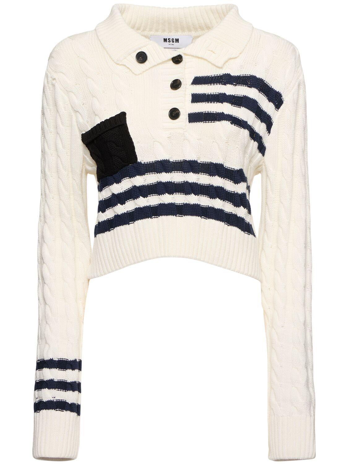 MSGM Striped Cable Knit Crop Polo Sweater in White | Lyst