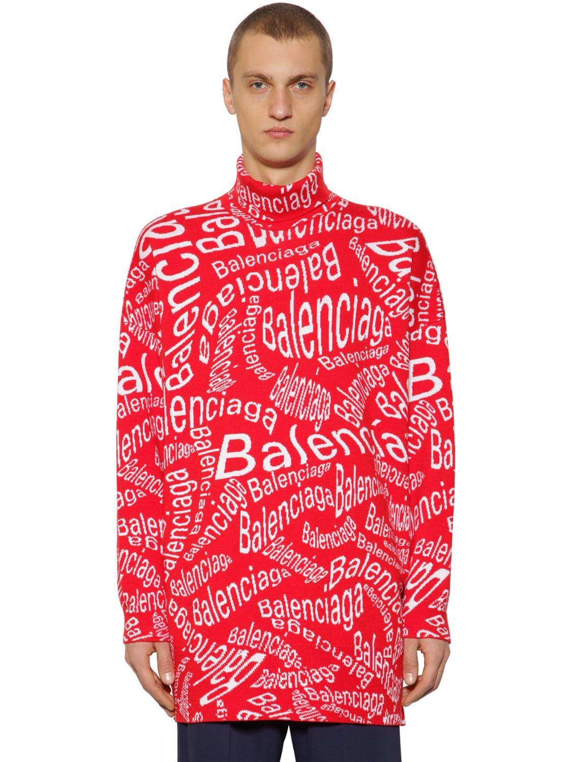 Balenciaga Logo-intarsia Virgin Wool-blend Sweater in Red for Men ...