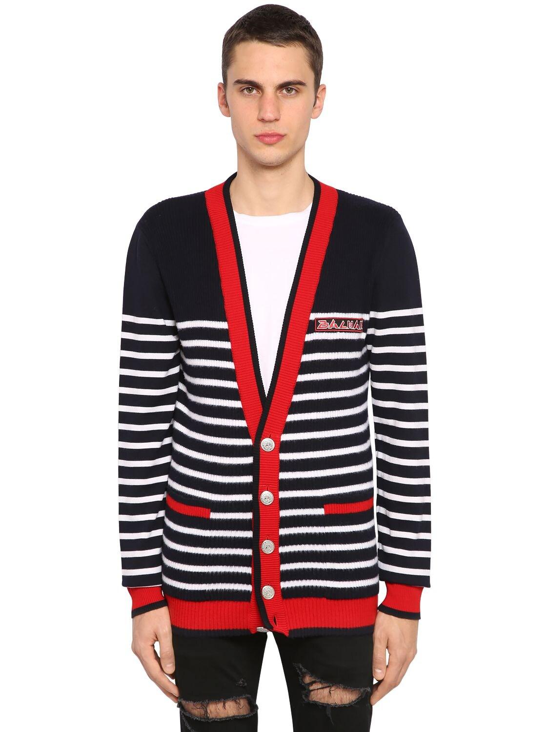 Balmain Wool Striped Cardigan in Navy/White (Blue) for Men Lyst