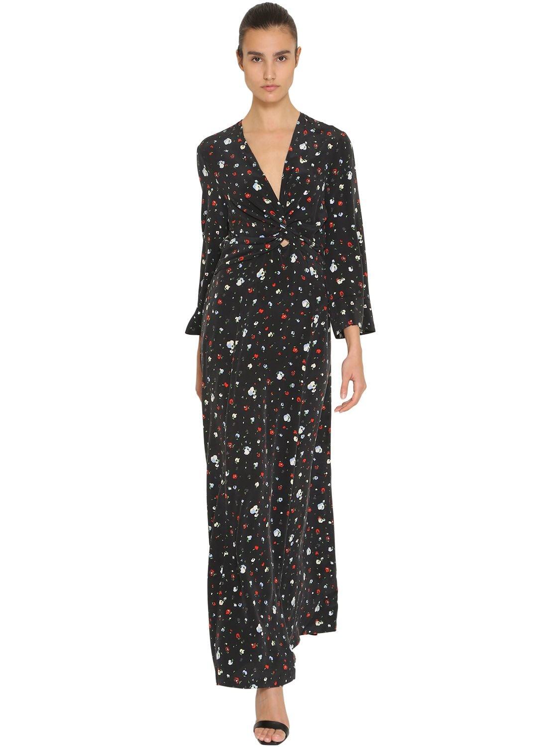 Ganni Flower Print Washed Silk Maxi Dress in Black Lyst