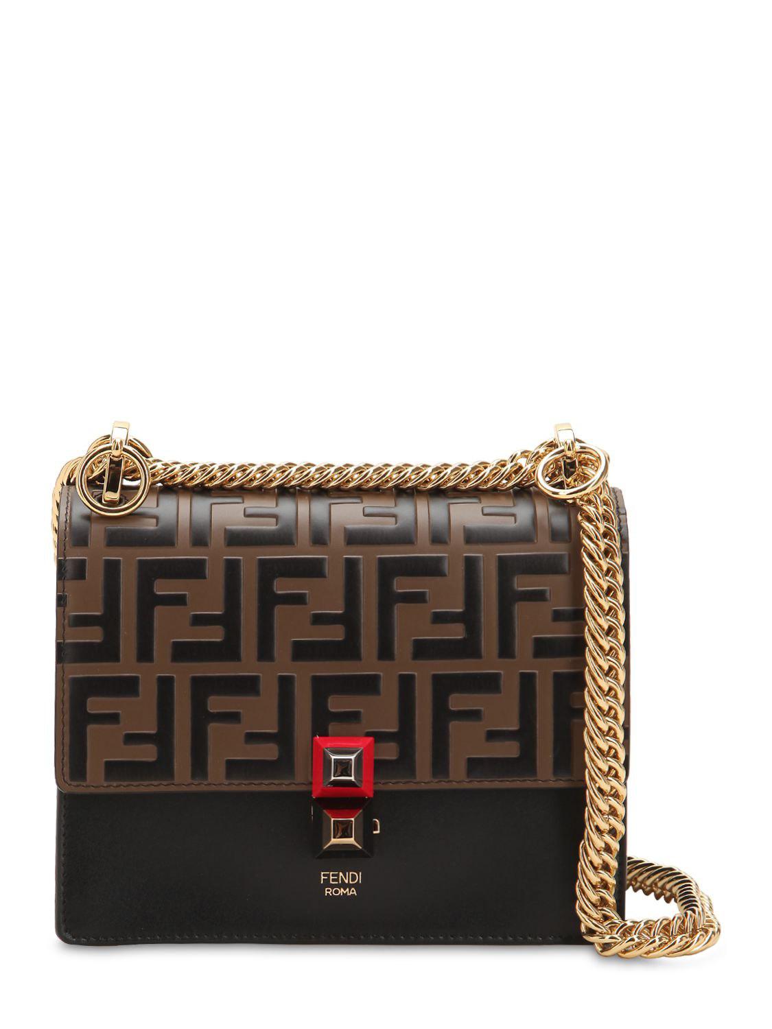 FENDI Kan I FF Logo Embossed Leather Crossbody Bag Brown