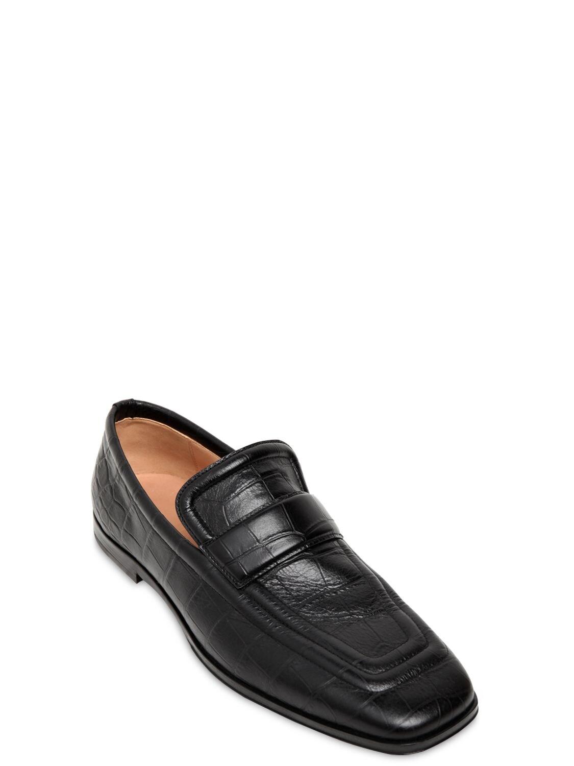 Bottega Veneta Croc Embossed Leather Loafers in Black for Men - Lyst