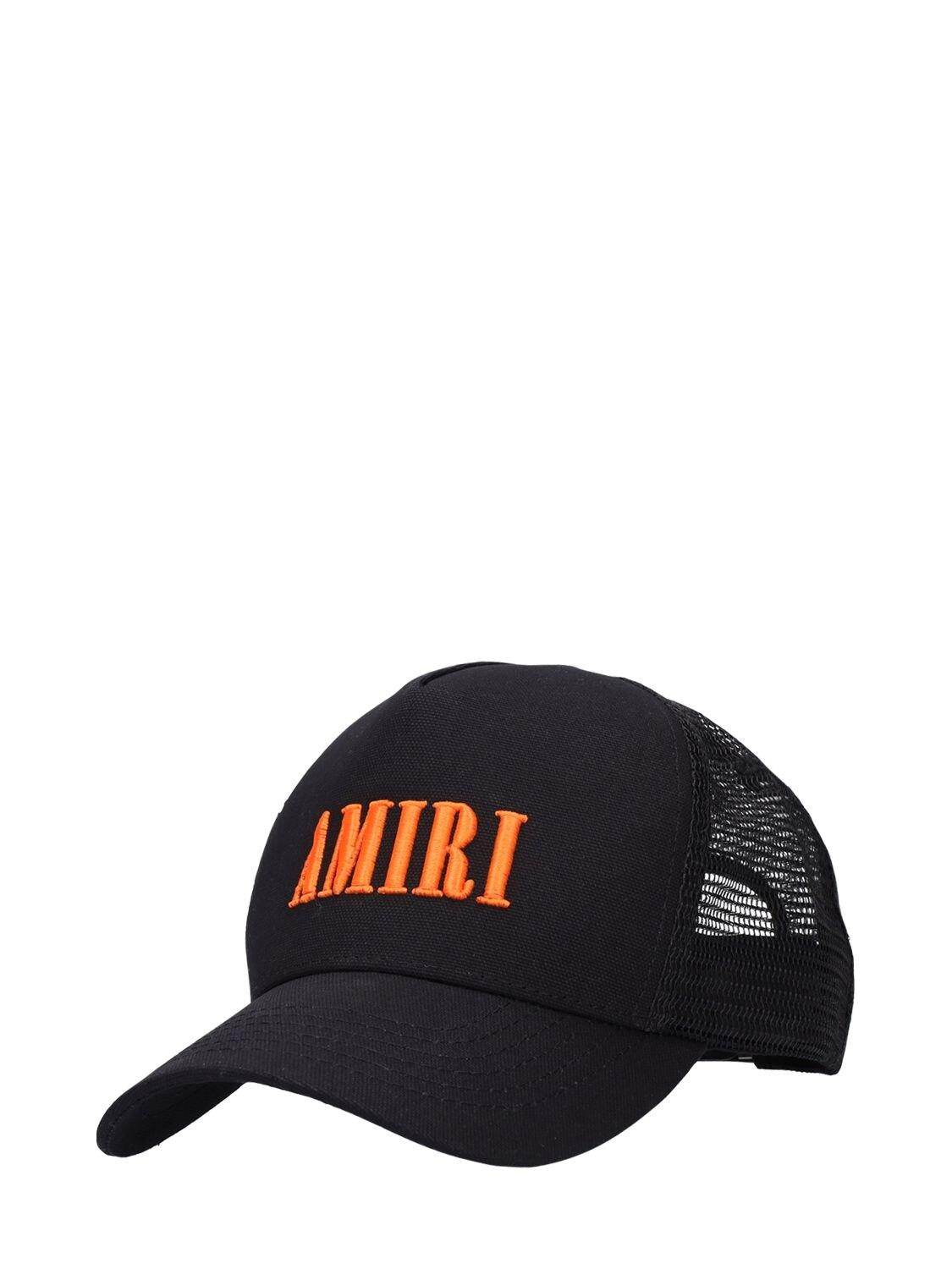 Amiri Core Logo Cotton Canvas Trucker Hat in Black/Orange (Black 