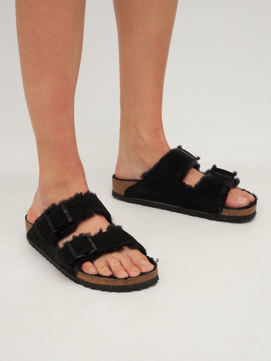 fluffy birkenstocks black
