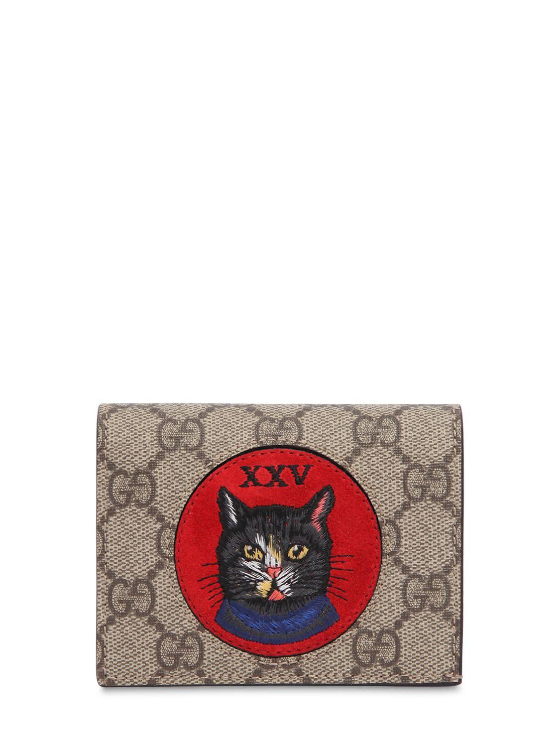 Gucci Leather Oblo' Cat Card Holder in Taupe/Red (Red) | Lyst
