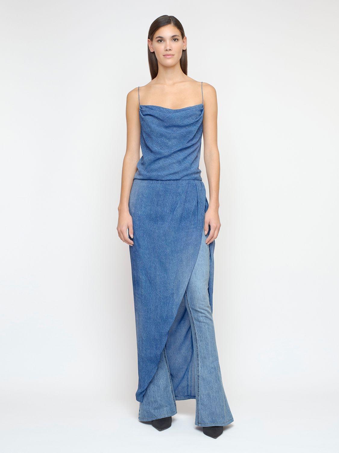 Balmain Denim Effect Silk Dress W/ Deep Slit in Blue | Lyst