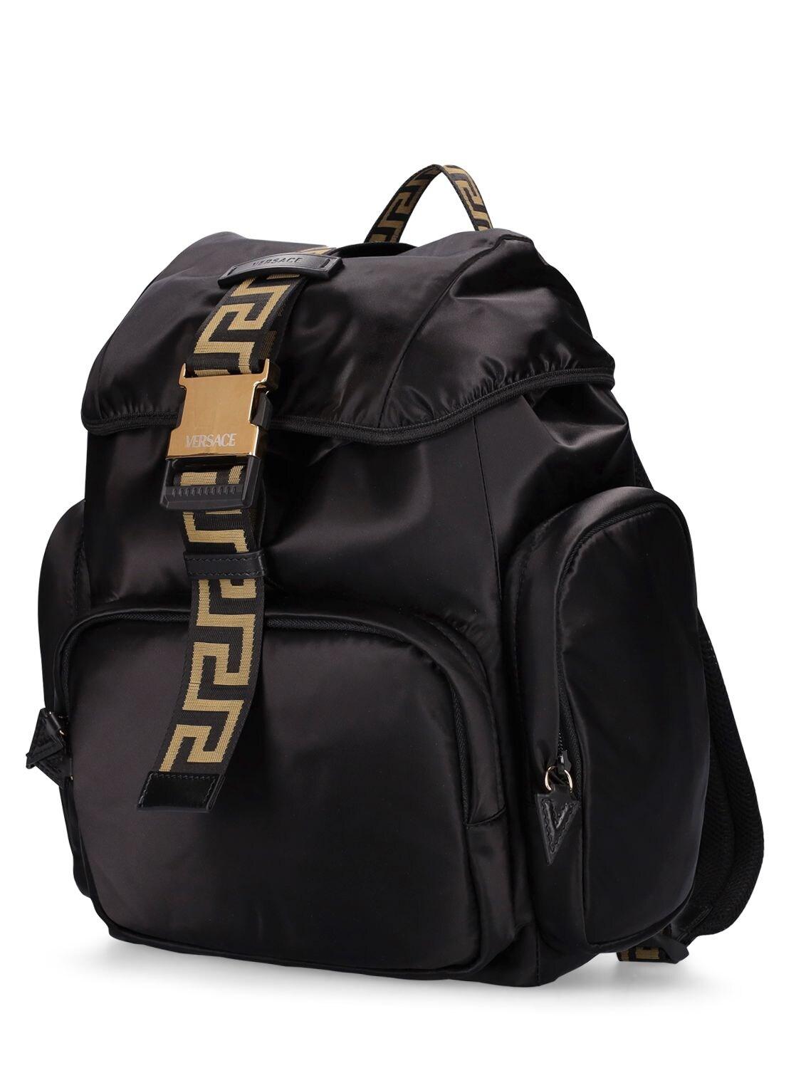 Versace Greca Nylon & Leather Backpack in Black for Men | Lyst