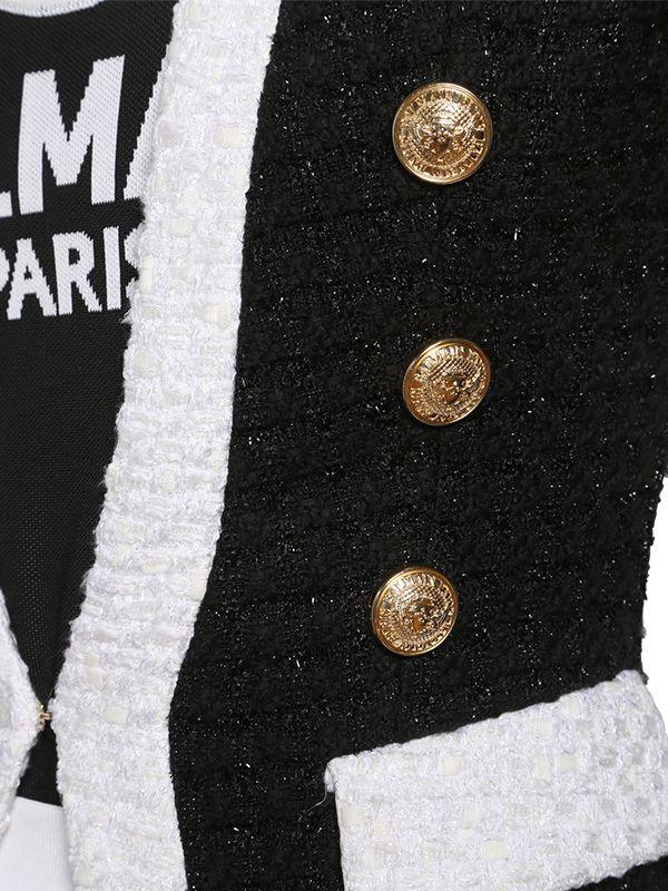 Balmain Lurex Tweed Blazer W/ Gold Buttons in Black | Lyst