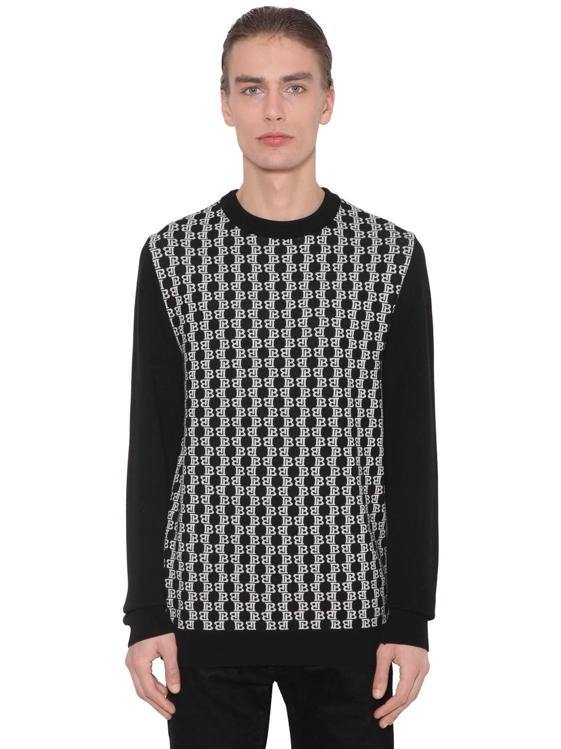 Balmain Monogram Logo Wool Knit Sweater in White,Black (Black) for 