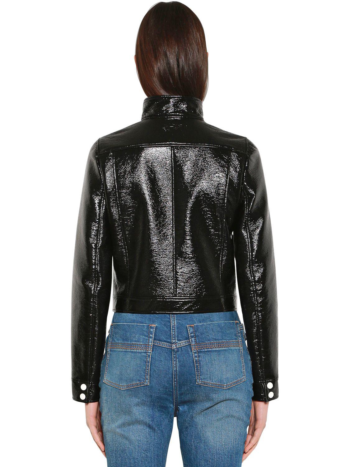 Courreges Logo Faux Patent Leather Jacket in Black - Lyst