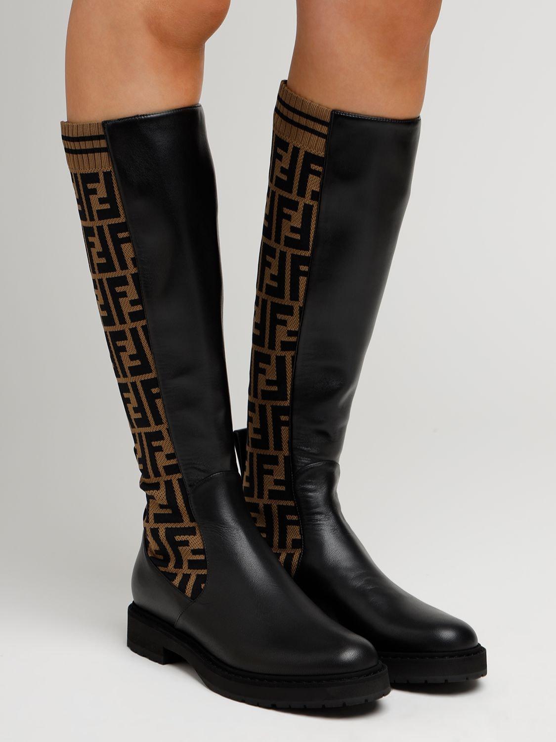 Fendi 30mm Tall Leather & Knit Sock Boots in Black | Lyst