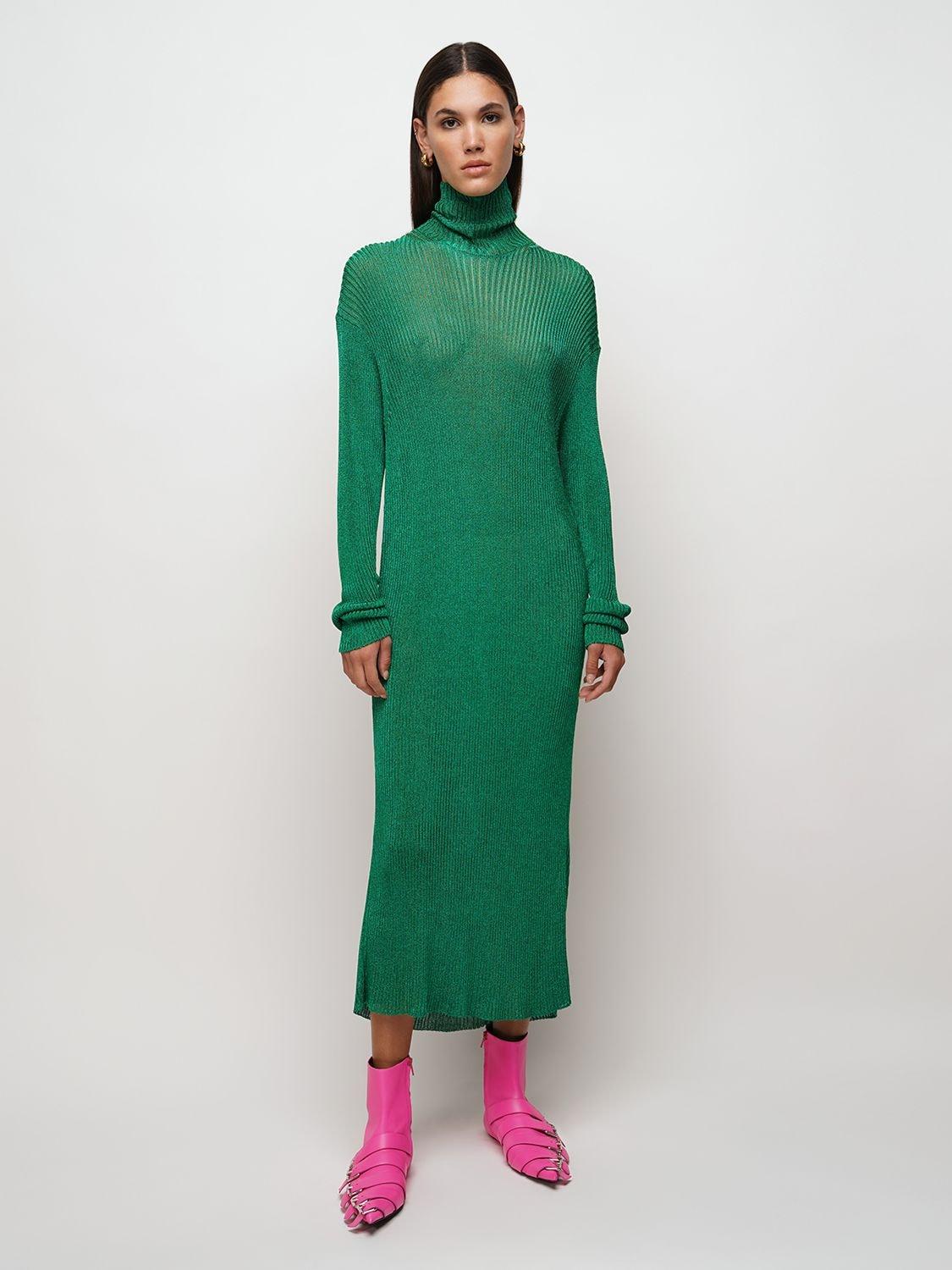 Balenciaga Metallic Knit Rib High Neck Midi Dress in Green | Lyst