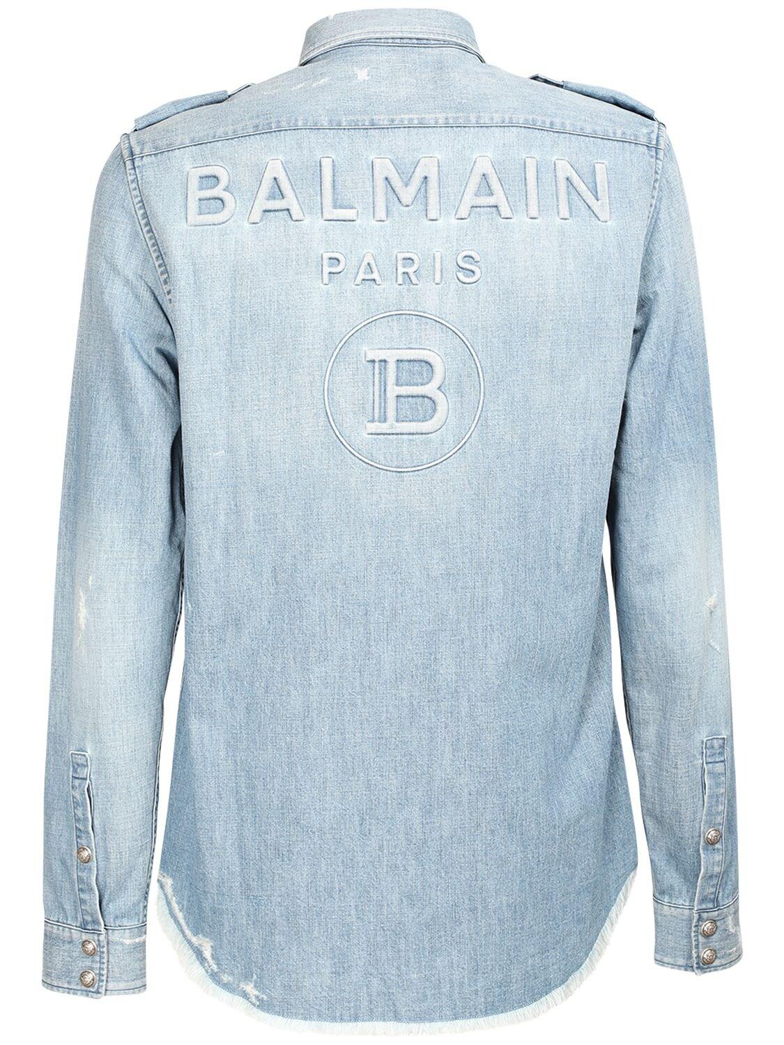 Balmain Logo Embossed Distressed Denim Shirt in Blue for Men | Lyst