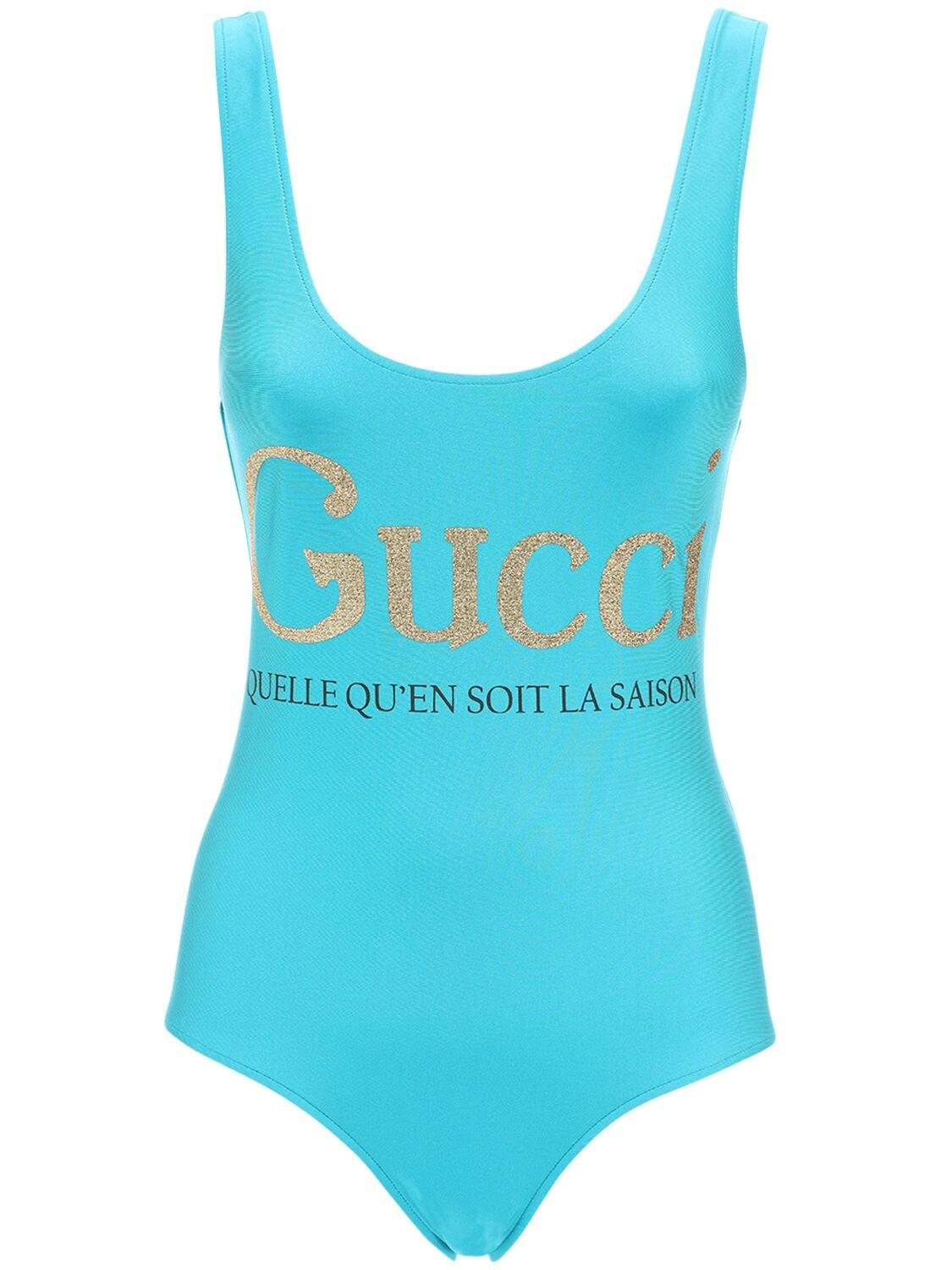 Gucci Logo Print One Piece Swimsuit in Blue/Gold (Blue) - Lyst