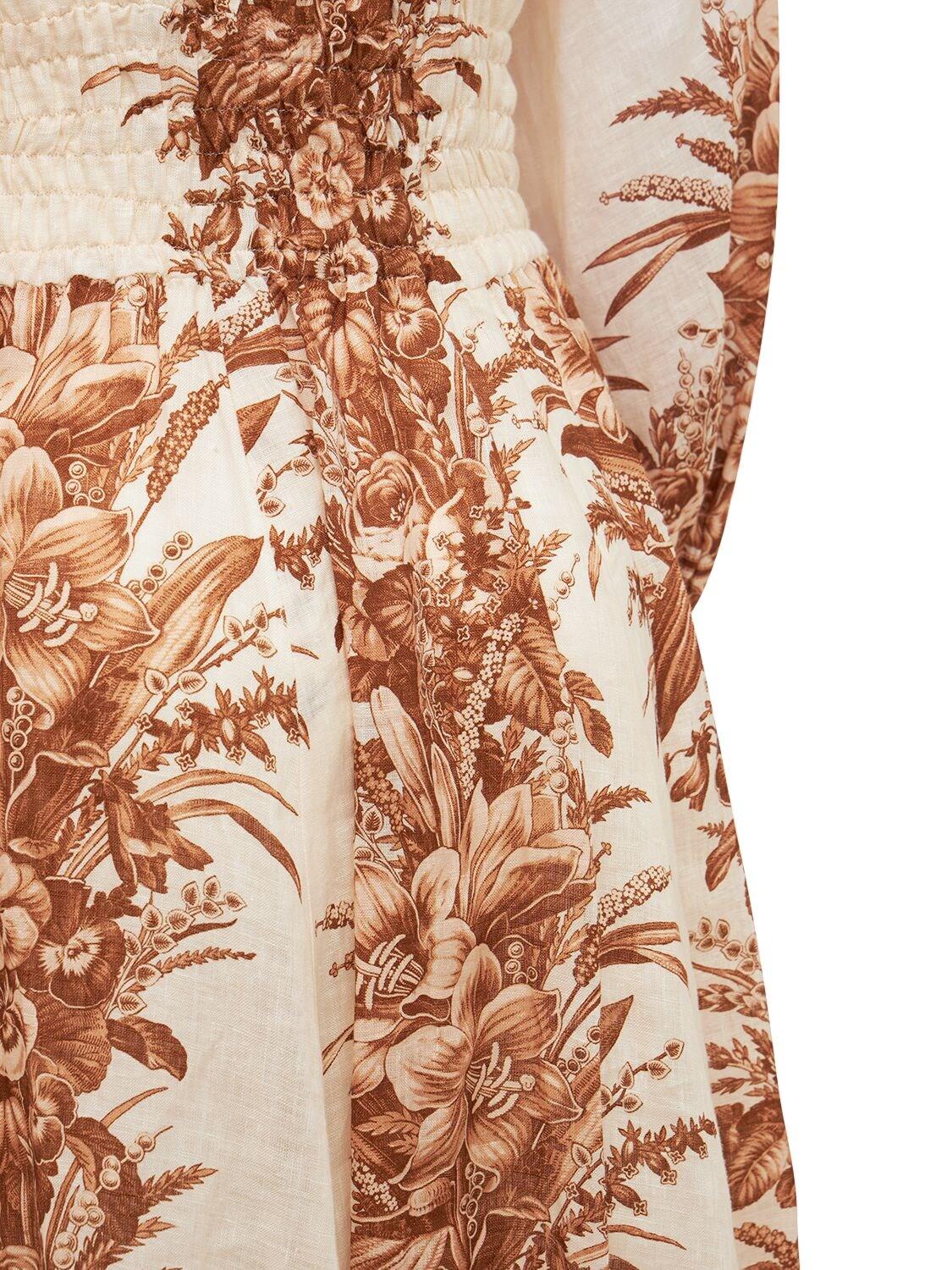 Zimmermann Moonshine Scoop Printed Linen Long Dress in Cream/Brown 