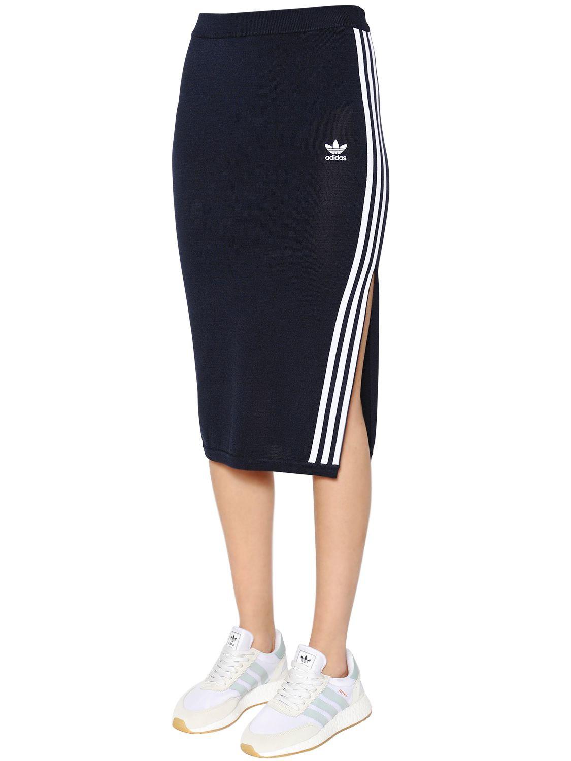 adidas Originals 3 Stripes Knit Midi Skirt in Navy (Blue) | Lyst UK