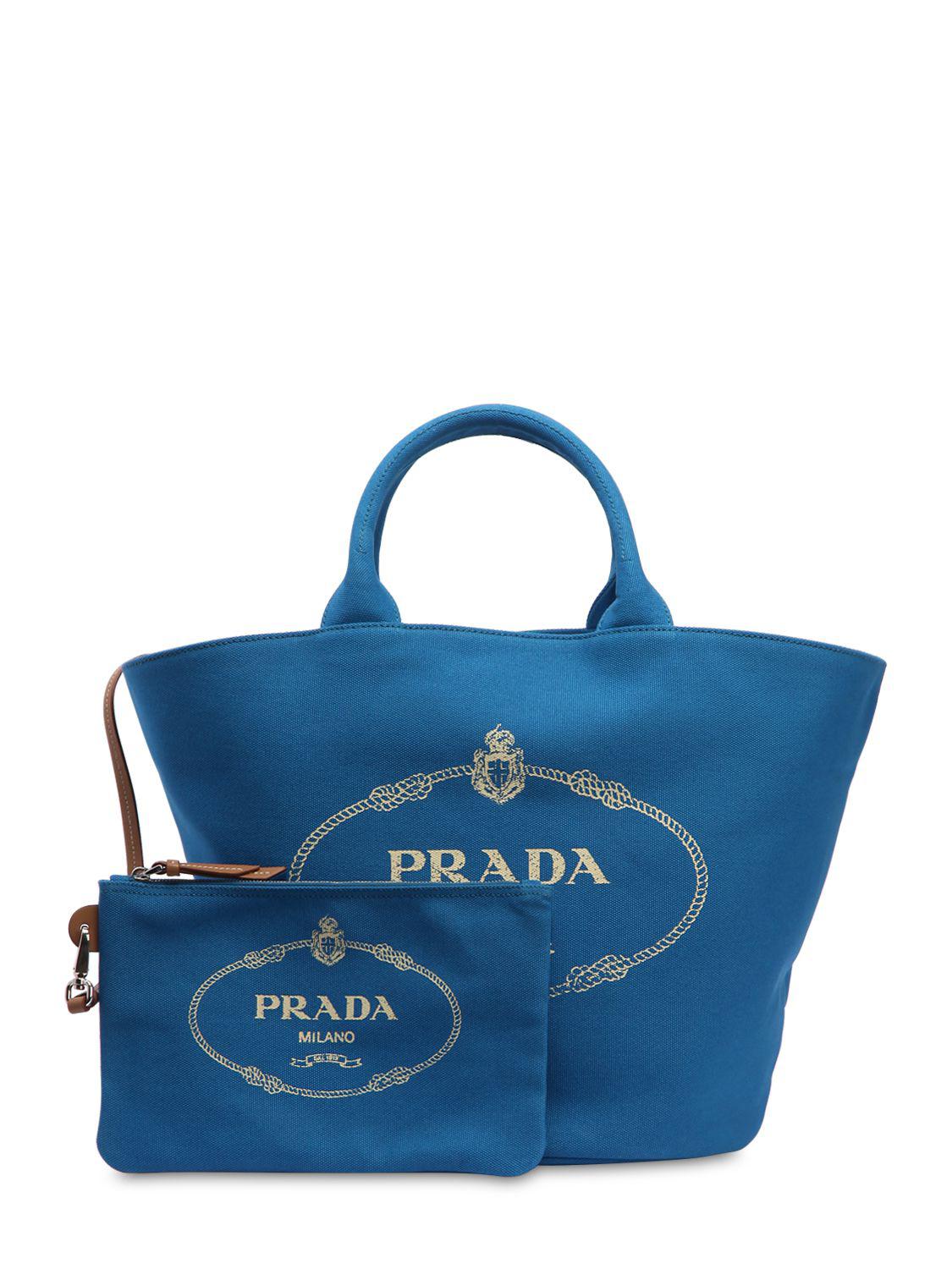 Prada Logo Printed Cotton Canvas Tote Bag in Blue | Lyst Australia