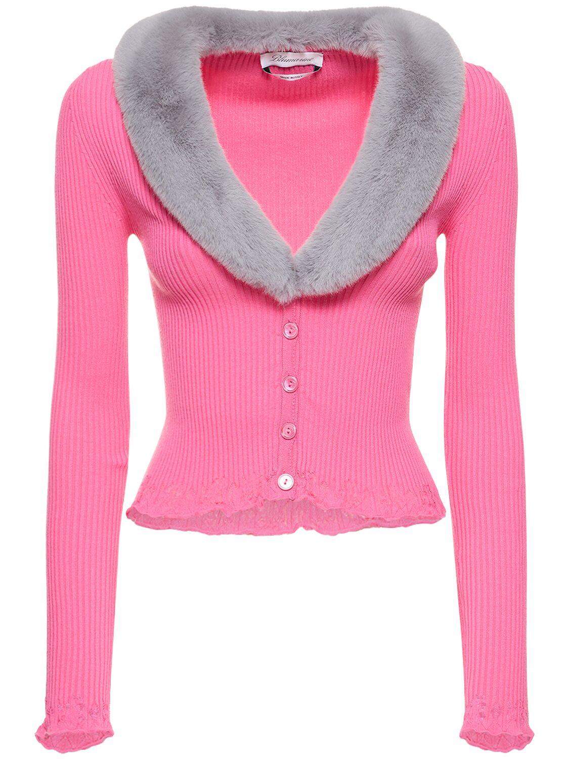 Knit cardigan w/ faux fur collar di Blumarine in Rosa | Lyst