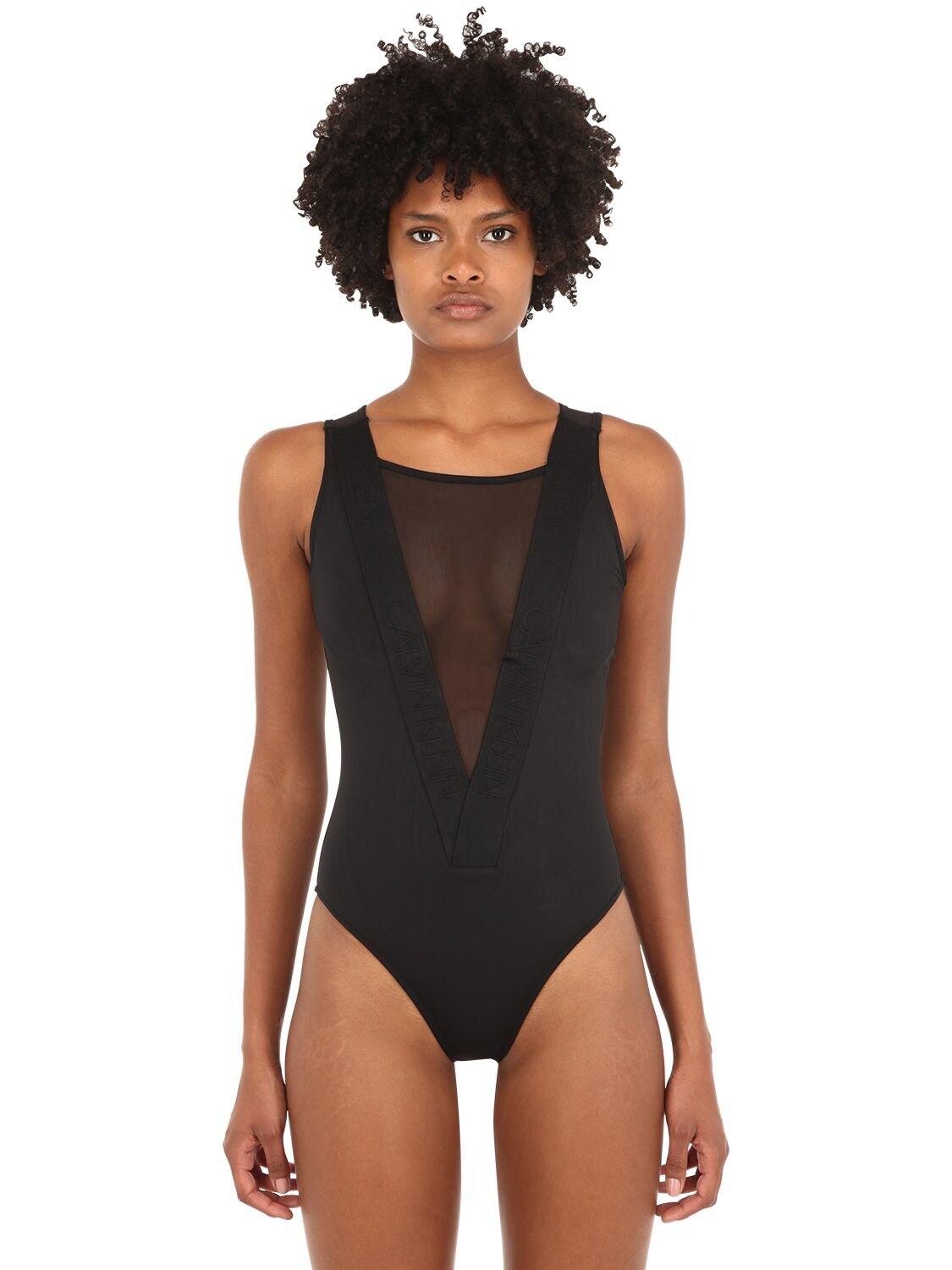 Calvin Klein Deep V Mesh One Piece Swimsuit in Black