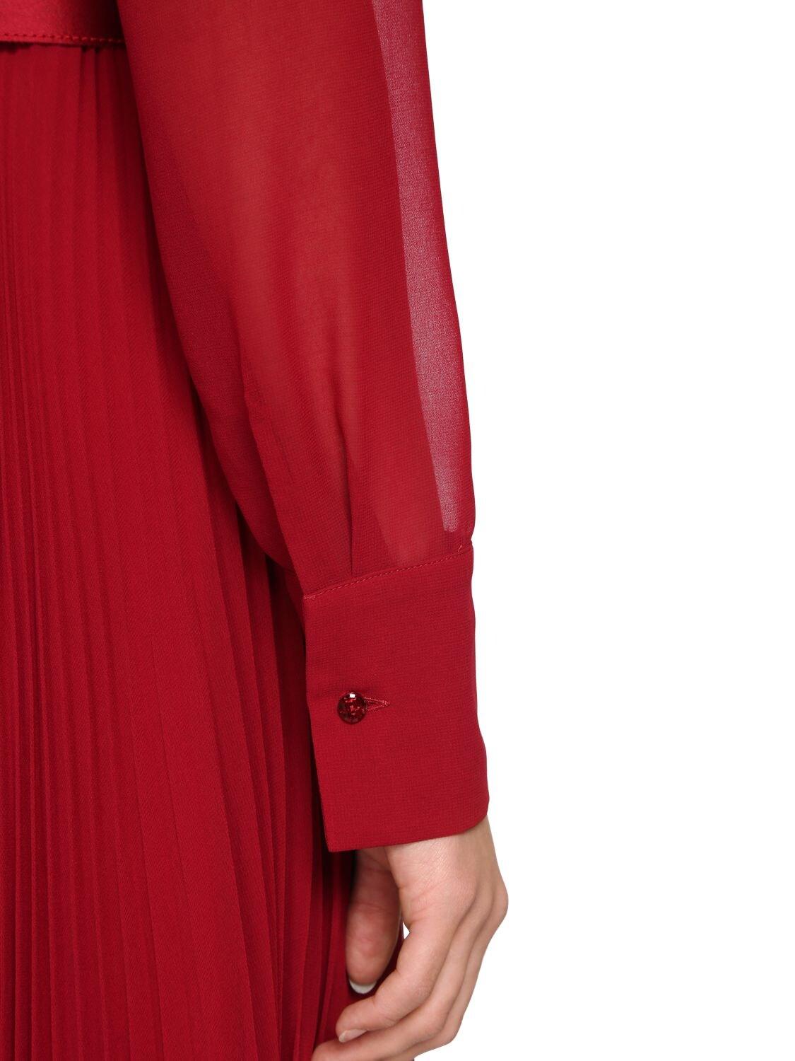 Max Mara Long Pleated Chiffon Dress in Red | Lyst