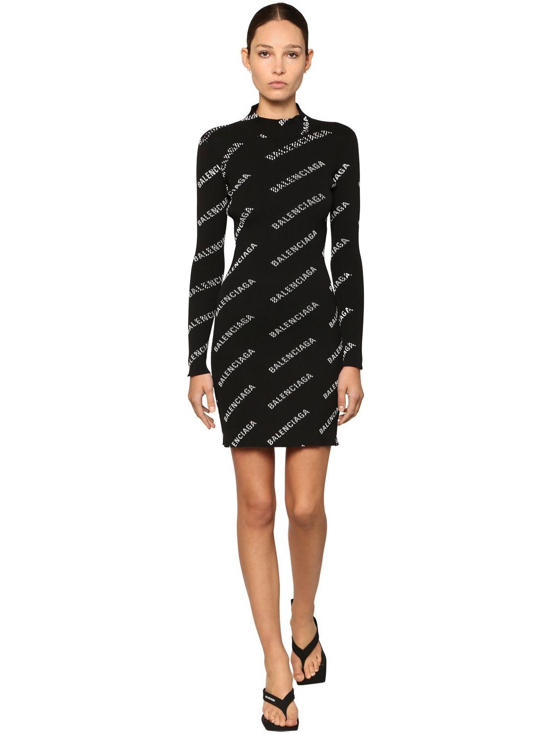 Balenciaga Logo Print Mini Dress in Black | Lyst