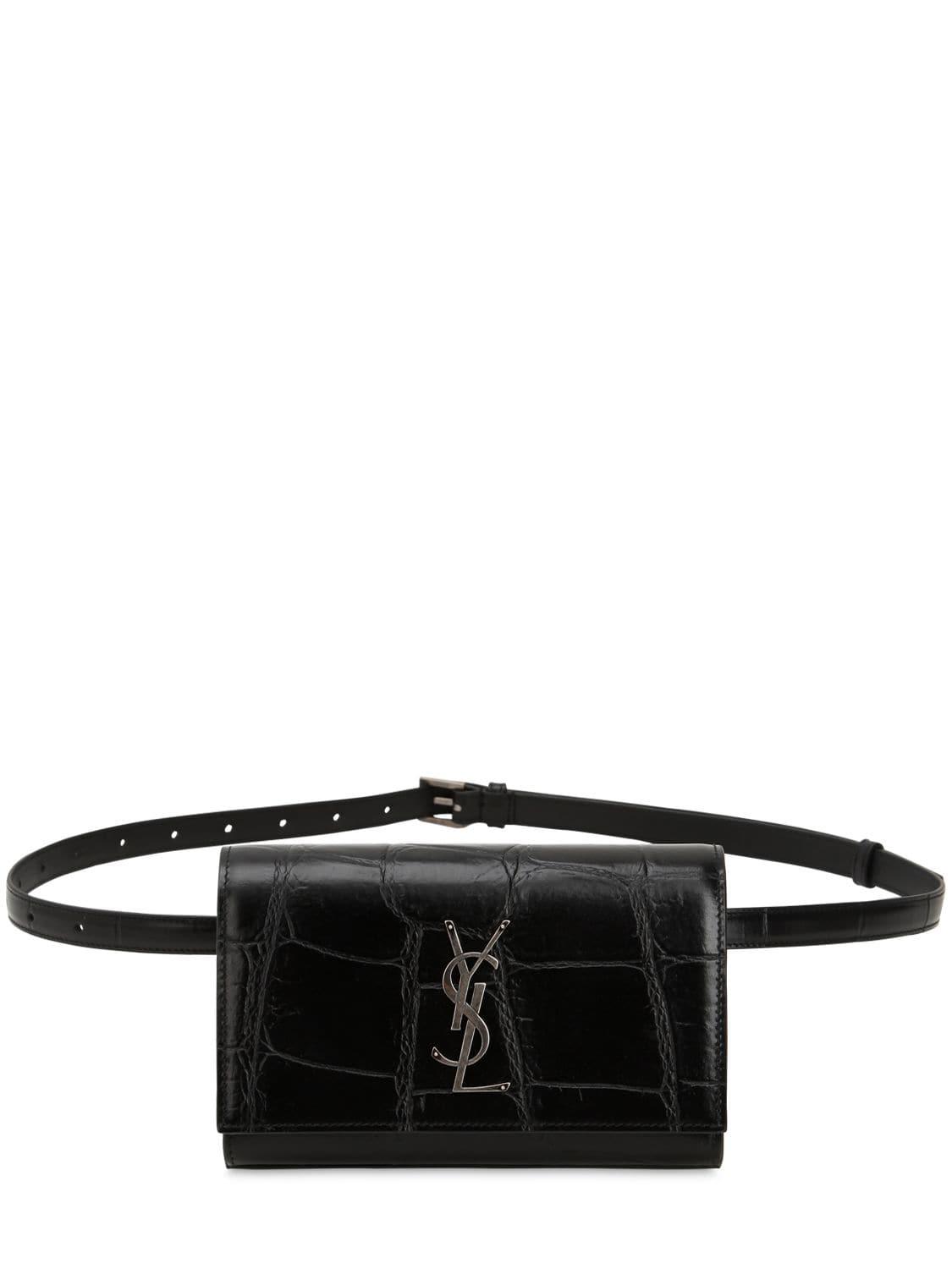 Saint Laurent Kate Croc Embossed Leather Belt Bag in Black