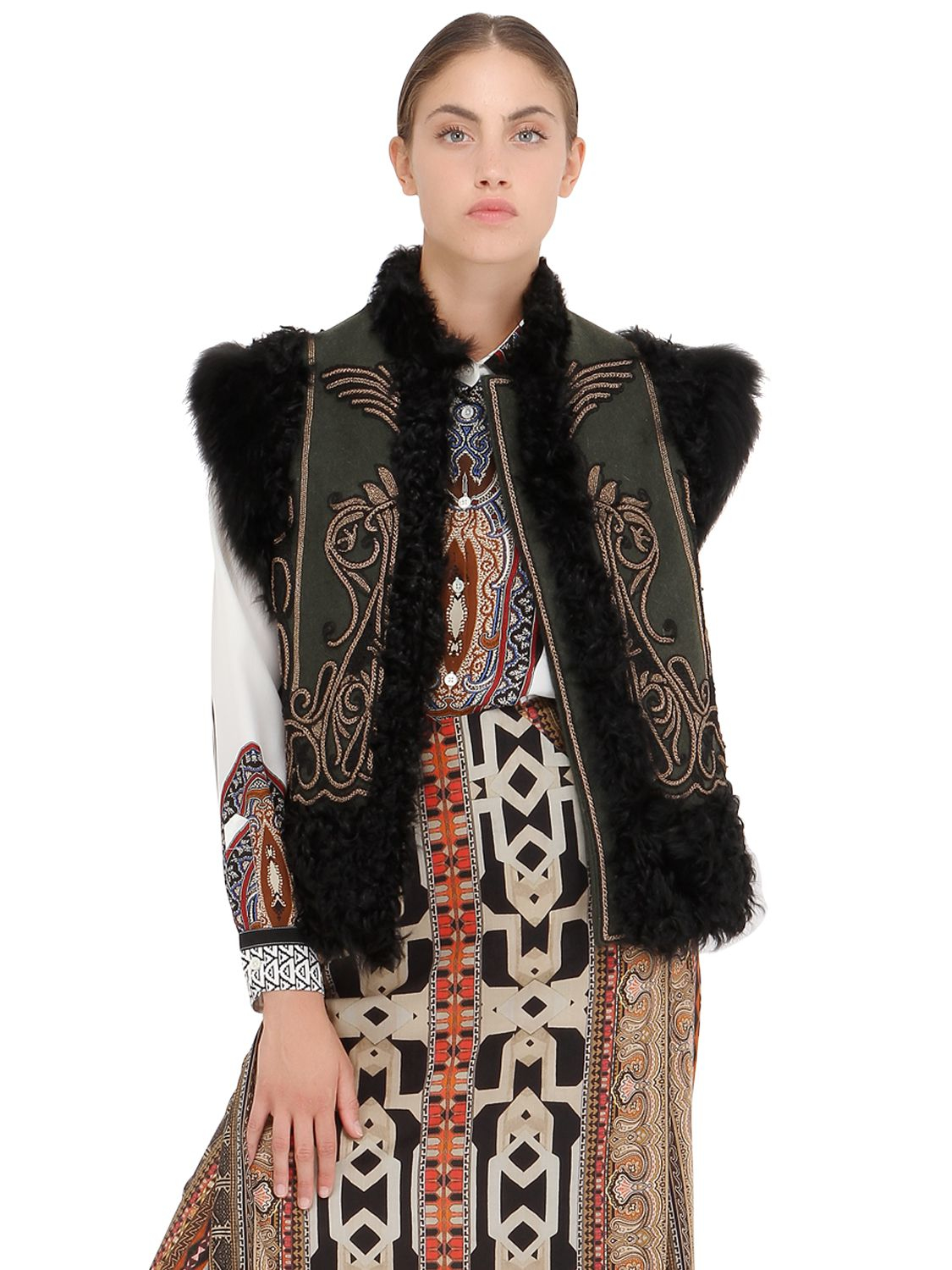 Etro Embroidered Shearling & Wool Vest in Black/Gold (Metallic) - Lyst