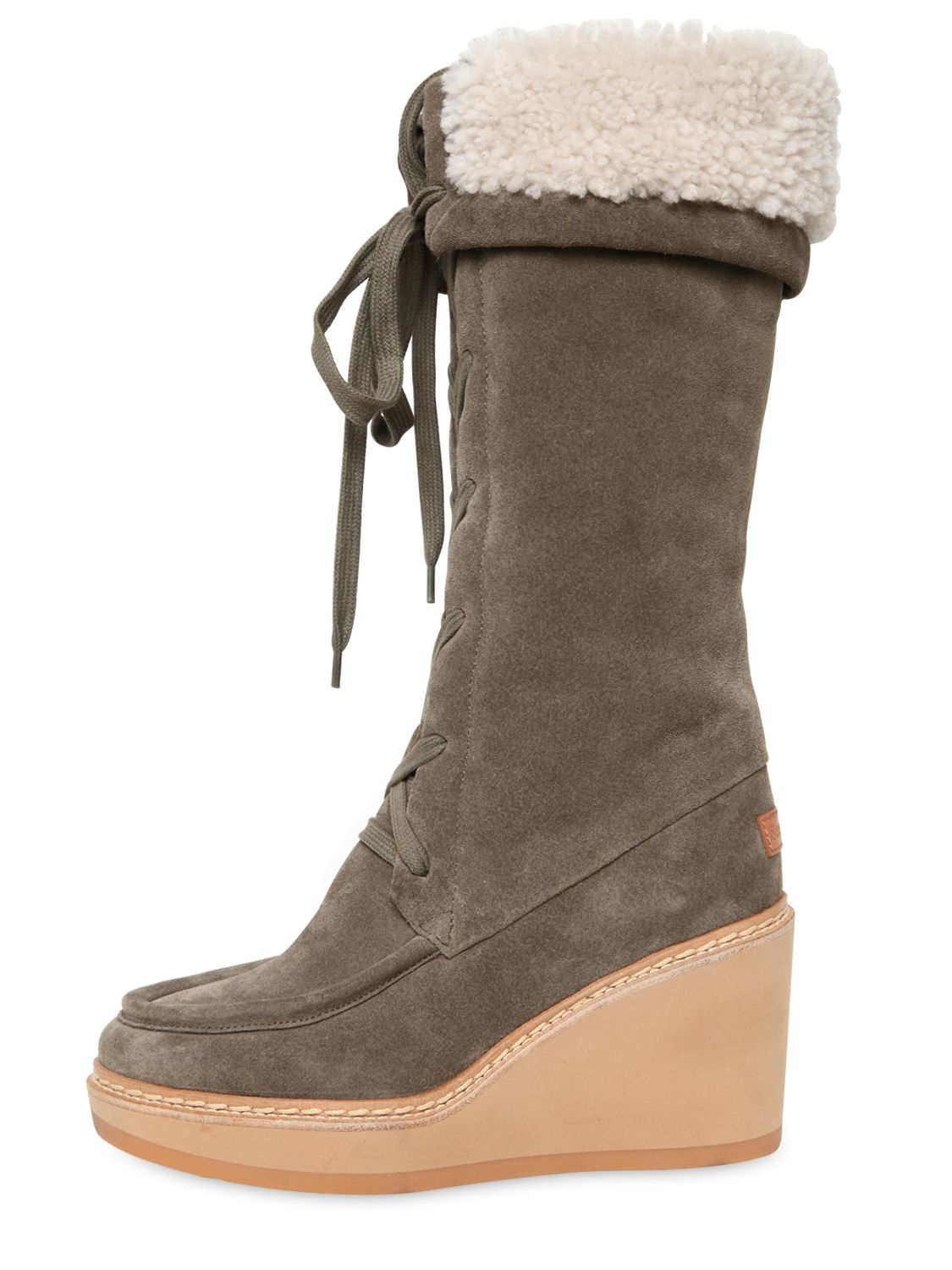 see by boots see by chlo 233 80mm suede shearling wedge boots in brown see by boots see by chlo 233 80mm suede shearling wedge boots in brown
