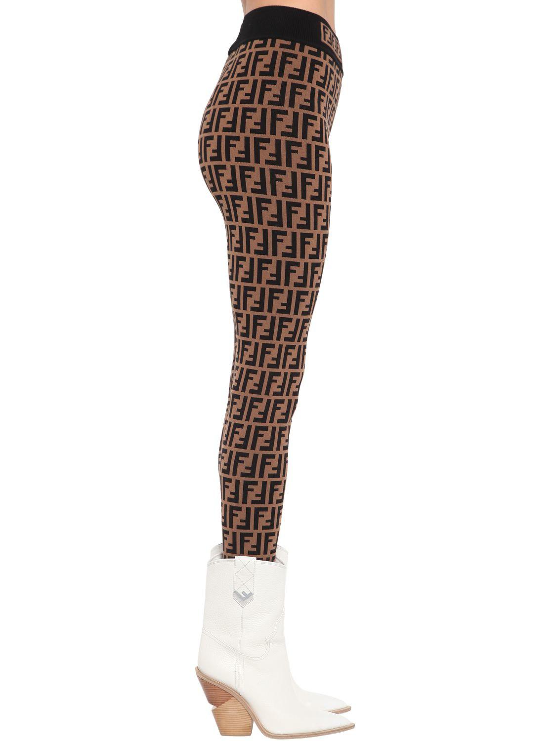 Fendi Logo Knit Leggings in Brown | Lyst