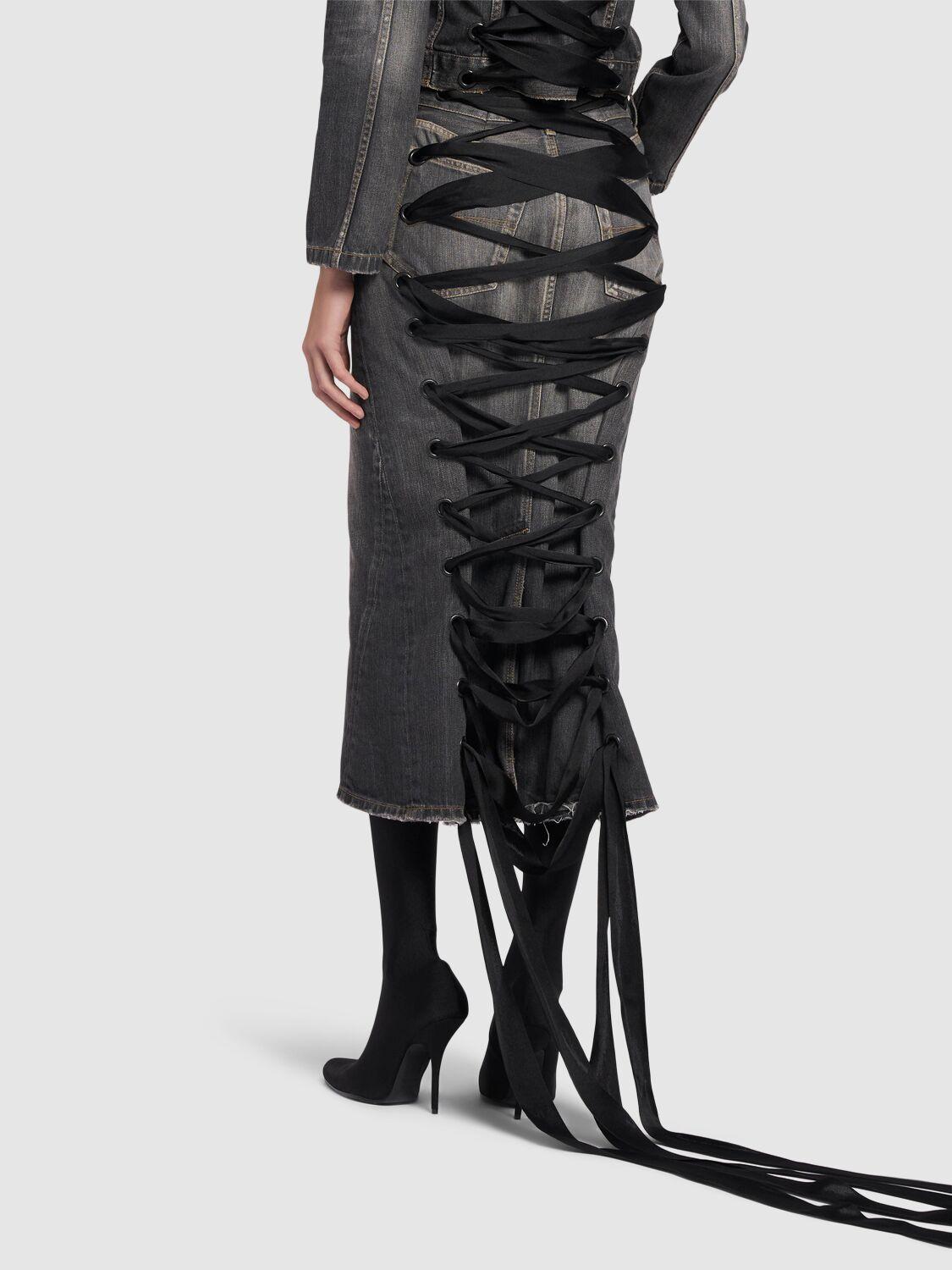 Balenciaga Lace-Up Denim Skirt in Gray | Lyst