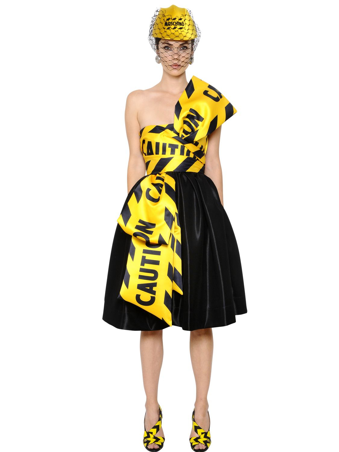 Moschino Caution Tape Printed Bow Satin Dress in Yellow Lyst
