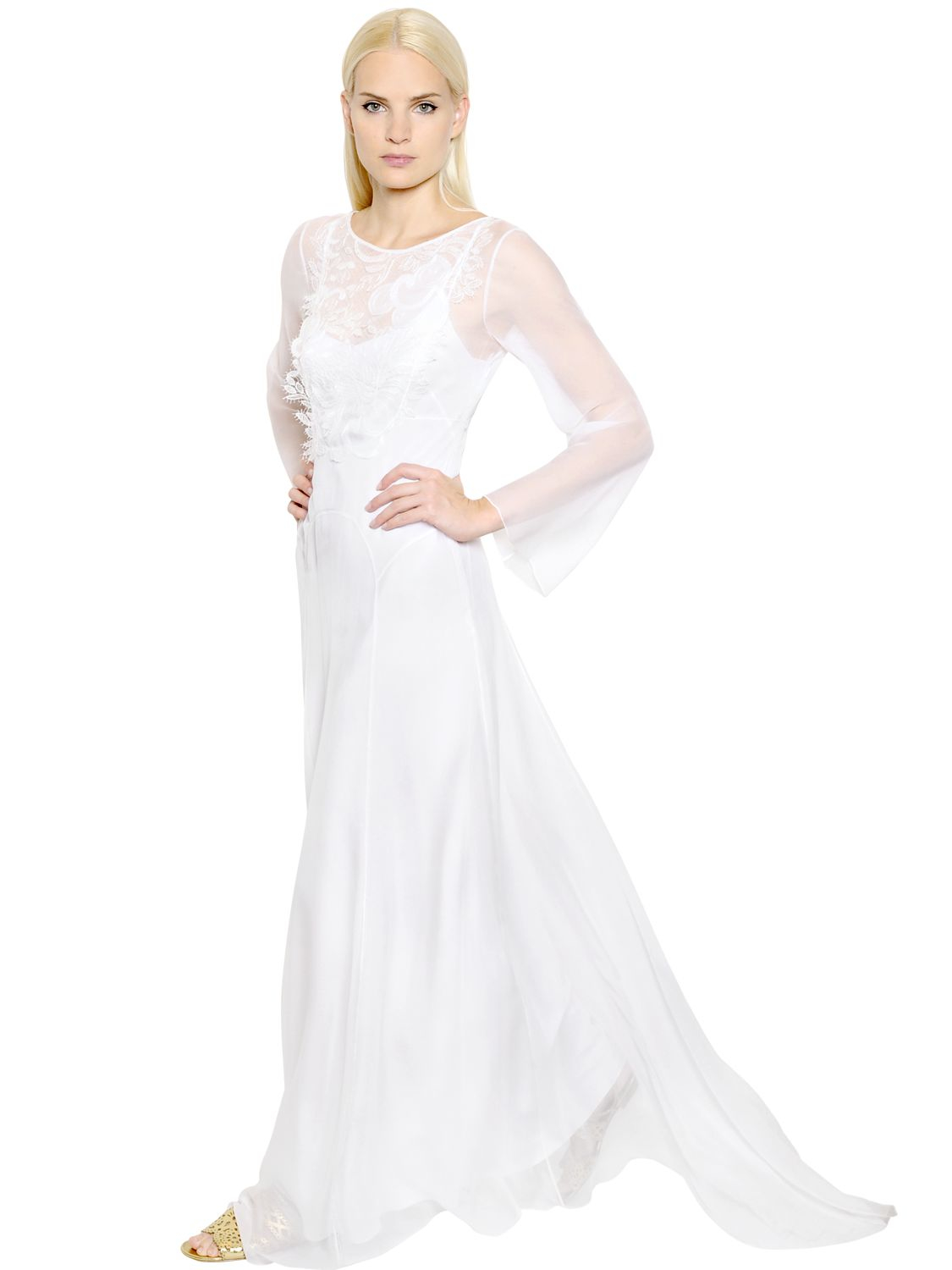 white silk chiffon dress