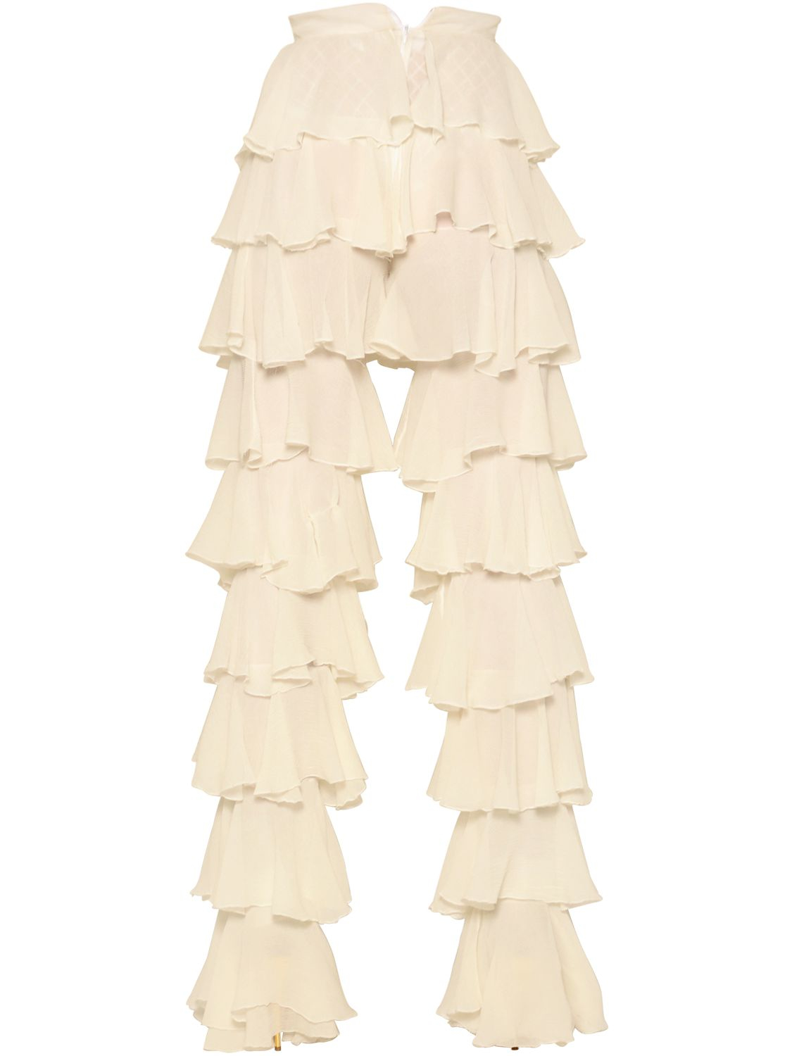 Balmain Ruffled Silk Chiffon Pants in Natural