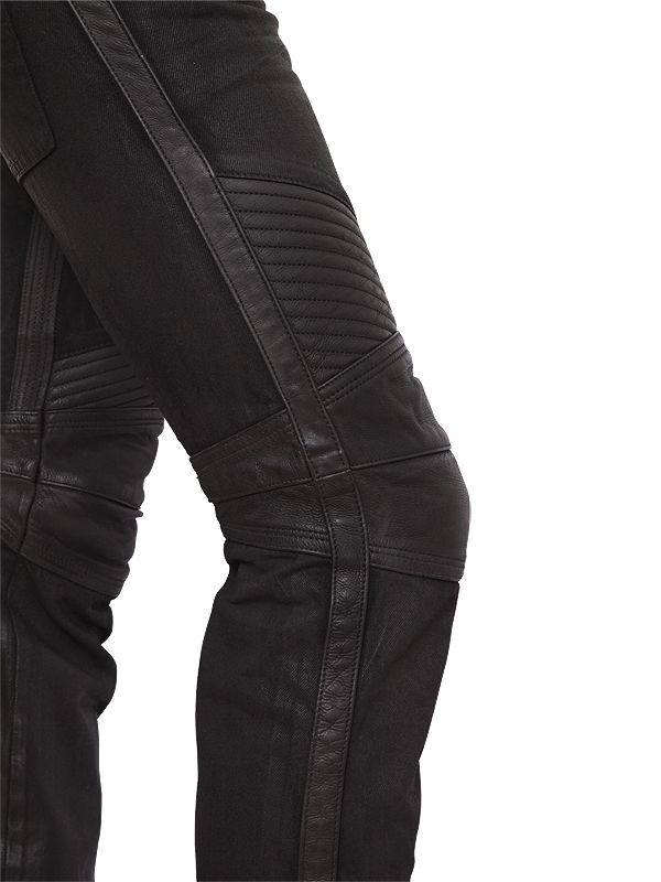 Balmain Leather and Denim Biker Jeans in for Men | Lyst
