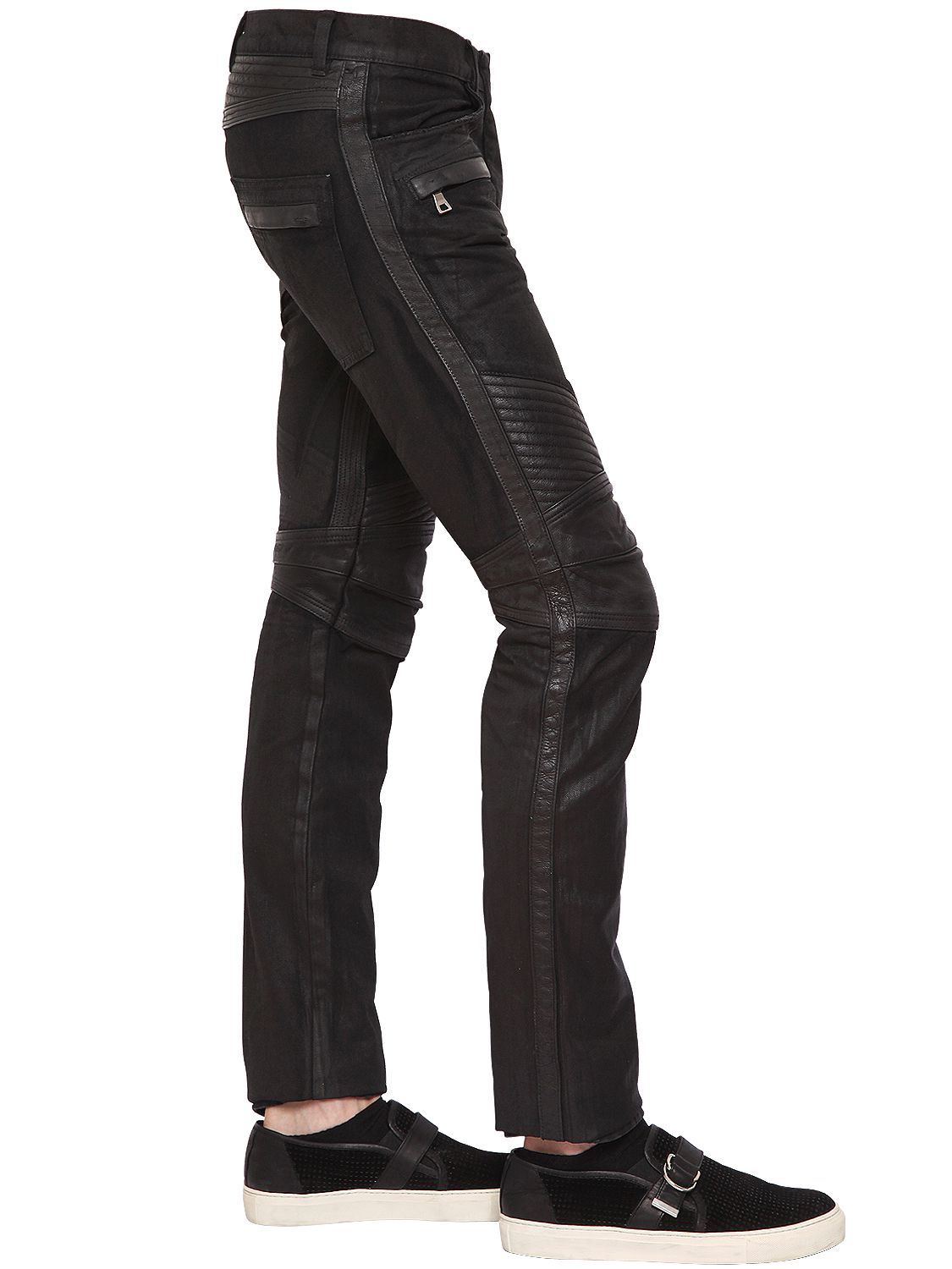 Frosset ly glemme Balmain Leather and Cotton Denim Biker Jeans in Black for Men | Lyst